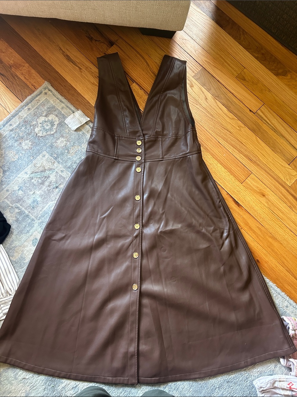 Rebdolls Brown Faux Leather Midi Button-Front Dress